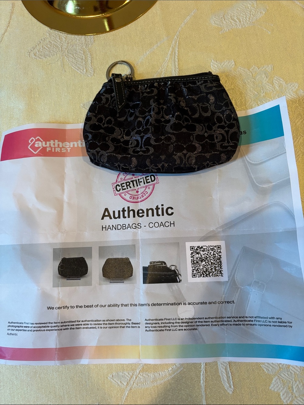 Coach Black Signature Jacquard Key Coin Pouch with Keyring and COA